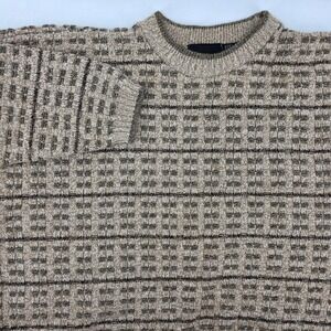 BILL BLASS Mens LG Knit Sweater Tan Brown Plaid Pattern Crew Neck Long Sleeve